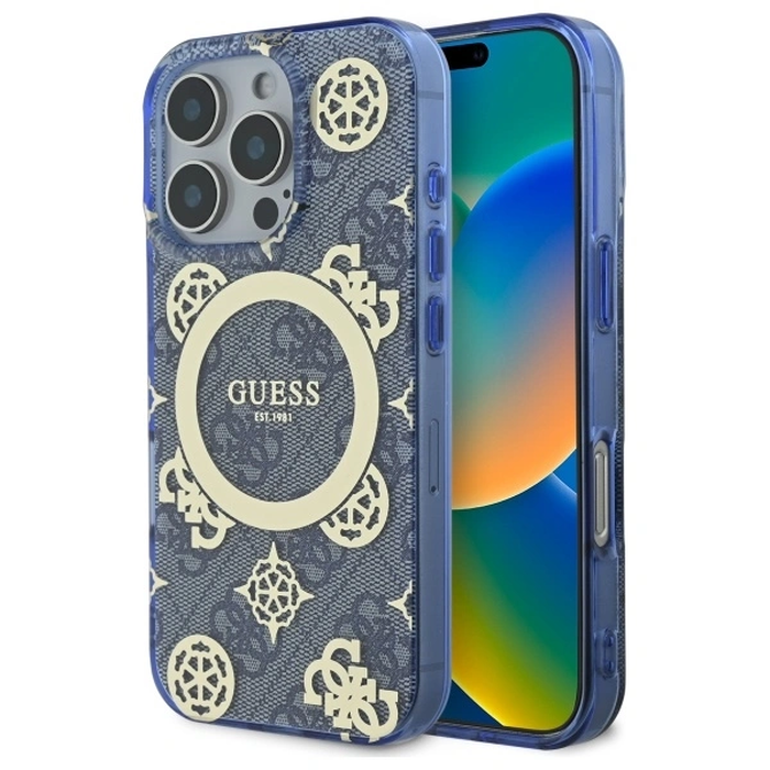 Guess GUHMP16LH4PYEEB Apple iPhone 16 Pro hardcase IML Peony On 4G Background MagSafe blue