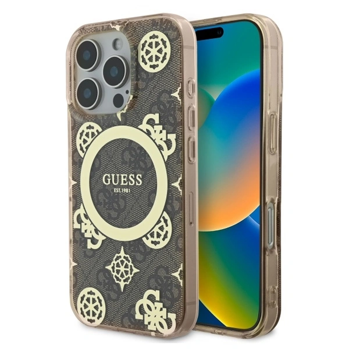 Guess GUHMP16LH4PYEEW Apple iPhone 16 Pro hardcase IML Peony On 4G Background MagSafe brown