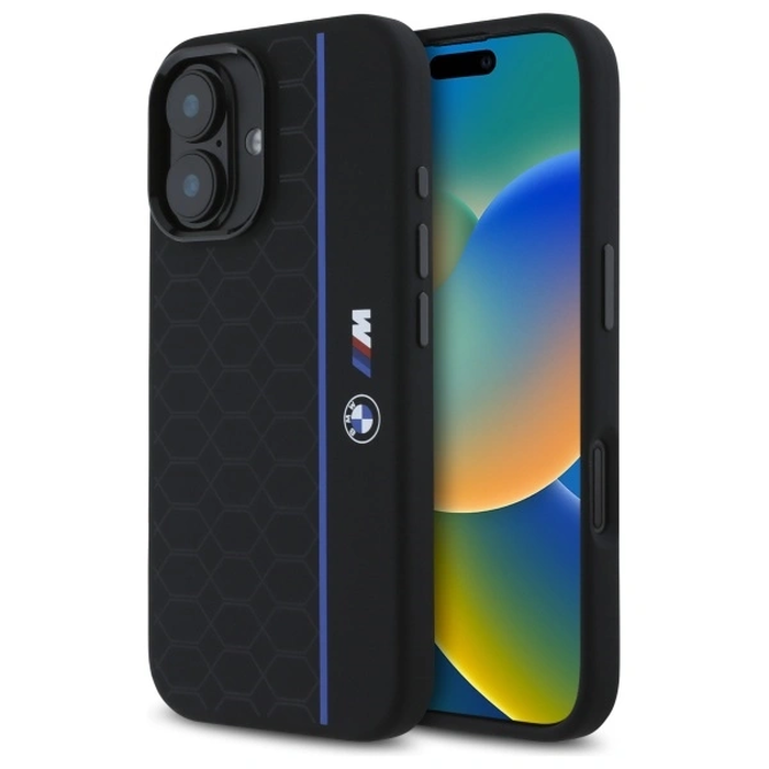 BMW BMHMP16S23SHEB Apple iPhone 16 hardcase Silicone Hexagon Blue Line MagSafe black