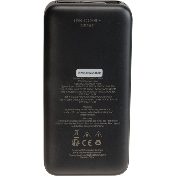 Powerbank Denver PQC-20065 20000mAh Fast Charge PD65W