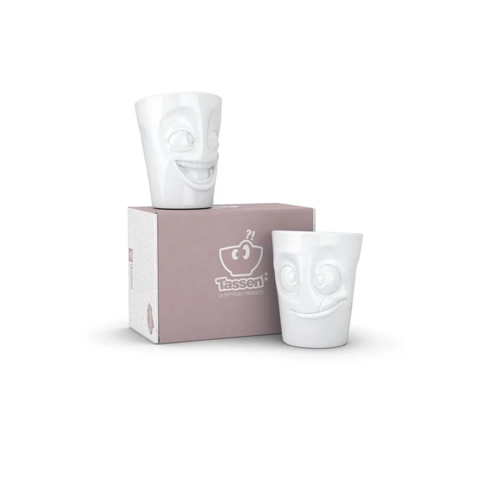 FIFTYEIGHT 3D Becher-Set Nr.3 "Witzig & Lecker" – 2-piece 350 ml cups (without handles), white
