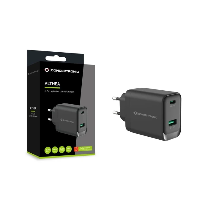 Conceptronic Φορτιστής Τοίχου GaN 45W USB-C & USB-A Μαύρος (ALTHEA20B45)