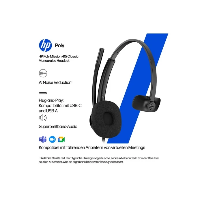 HP Poly Mission 415 Μονόπλευρα On‑Ear Ακουστικά Multimedia με Μικρόφωνο USB‑A / USB‑C