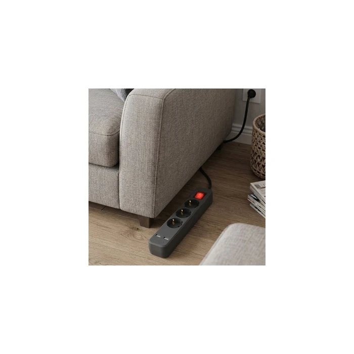 Entac Power Strip 3-way with 2x USB‑A, 1.5 m, Black