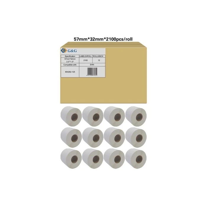G&G 12x Label Rolls compatible with Zebra 800262-125 (57 × 32 mm)