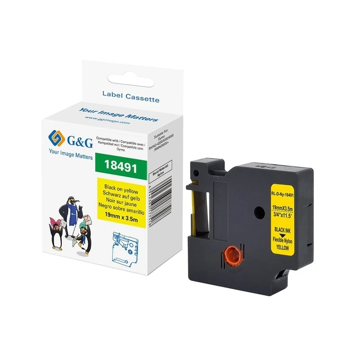 G&G Label Tape compatible with Dymo Rhino 18489, 19 mm Black on Yellow (MPN 21698)