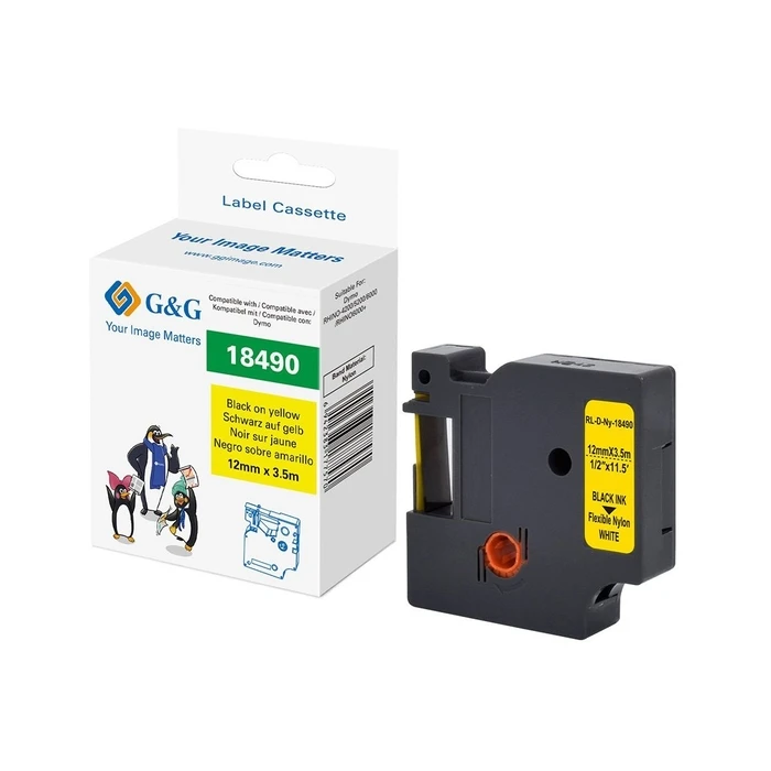 G&G Nylon Label Tape compatible with DYMO Rhino 18490 (12 mm x 3.5 m, Black on Yellow)