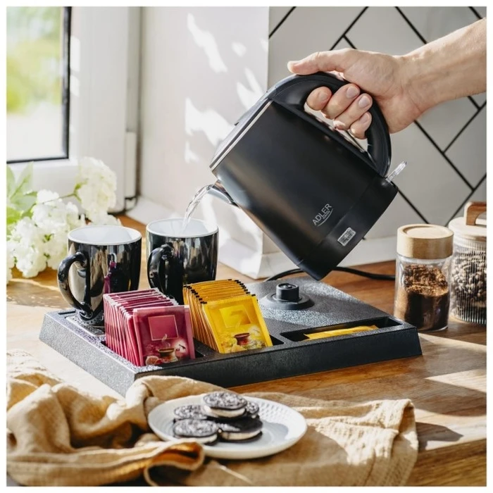 Adler AD 1387 Breakfast Station - Electric Kettle with Tray and 2 Ceramic Cups (1 L) - Black