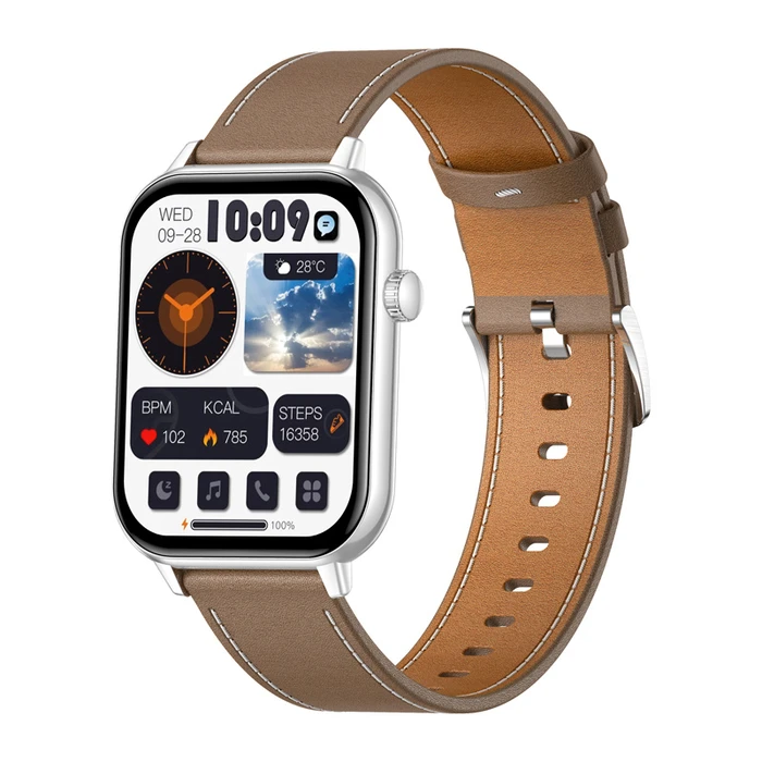 Colmi C28 Smartwatch με Παλμογράφο (Ασημί + Καφέ Δερμάτινο Λουράκι)