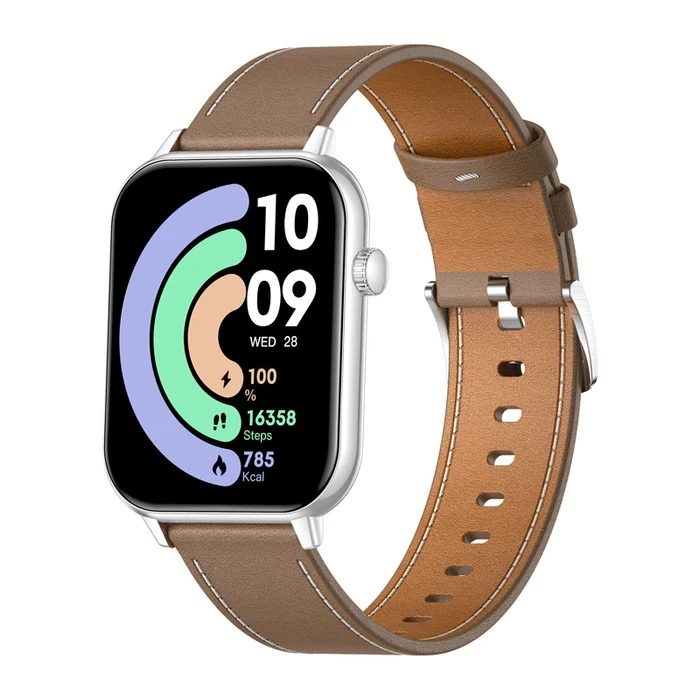 Colmi C28 Smartwatch με Παλμογράφο (Ασημί + Καφέ Δερμάτινο Λουράκι)