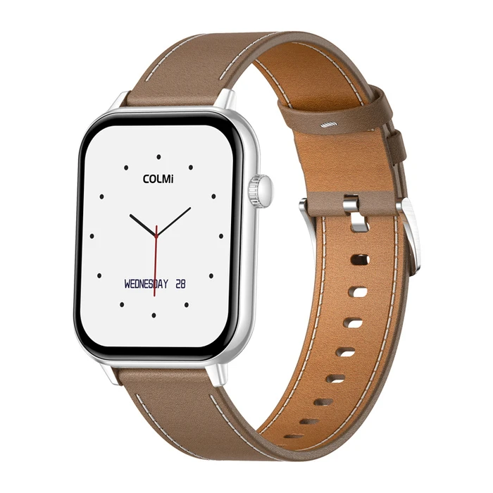 Colmi C28 Smartwatch με Παλμογράφο (Ασημί + Καφέ Δερμάτινο Λουράκι)