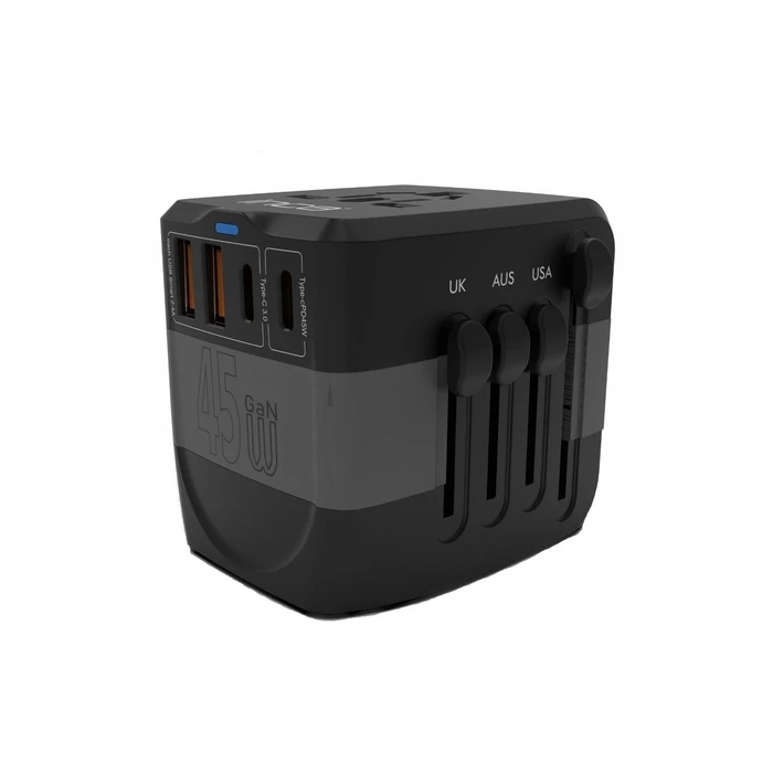 INCA Universal Travel Adapter +USA/EU/UK/AUS, Black, 45W PD (MPN: IPW-45SA, EAN: 8681949016509)