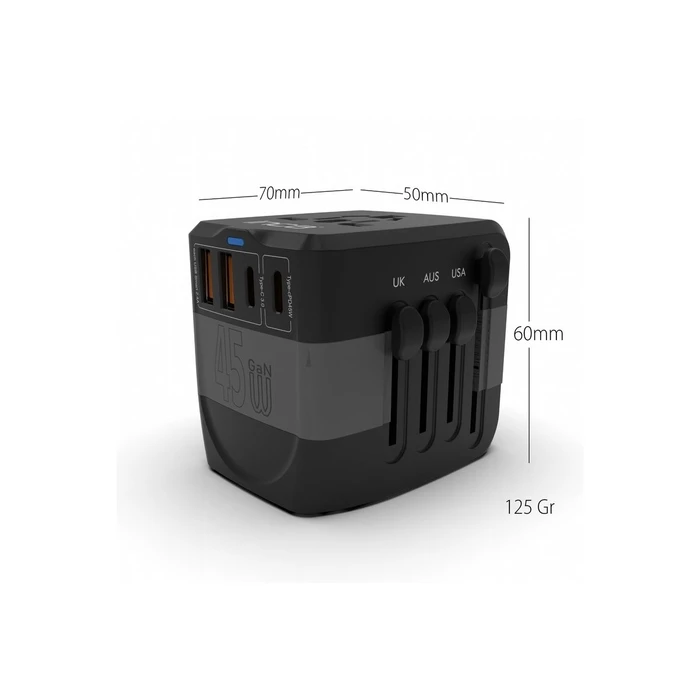 INCA Universal Travel Adapter +USA/EU/UK/AUS, Black, 45W PD (MPN: IPW-45SA, EAN: 8681949016509)