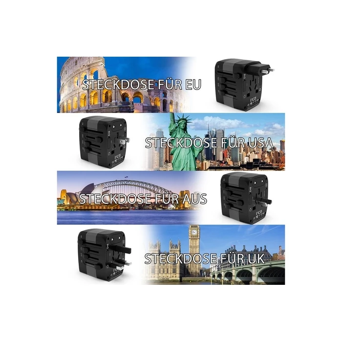 INCA Universal Travel Adapter +USA/EU/UK/AUS, Black, 45W PD (MPN: IPW-45SA, EAN: 8681949016509)