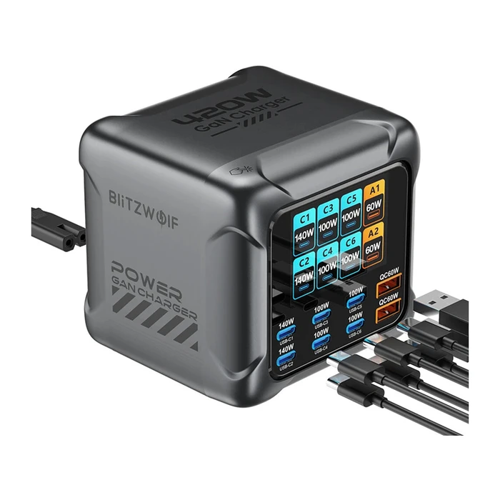 BlitzWolf BW-S33 420W 8-Port GaN Desktop Charger (6×USB-C, 2×USB-A)