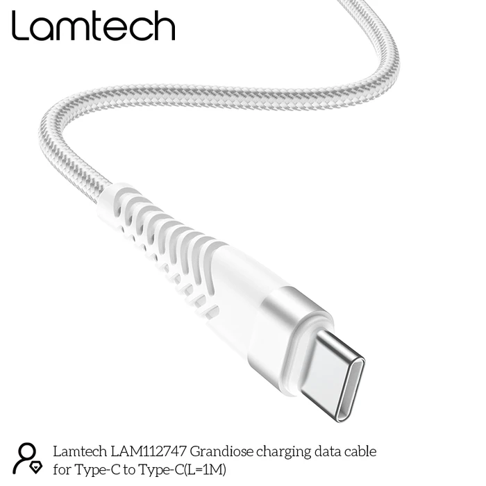 Καλώδιo USB Lamtech HQ UNBREAKABLE Type-C to Type-C WHITE 1M