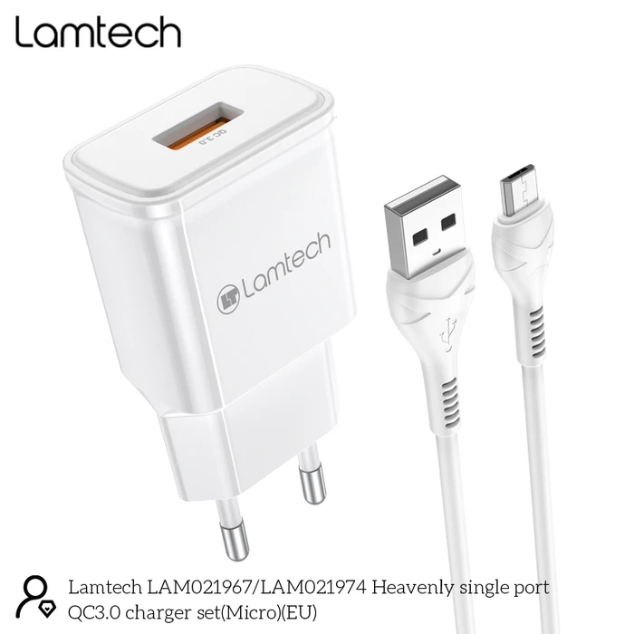 Φορτιστής Πρίζας Lamtech Quick Charger USB3.0 18W With Micro USB 1M WHITE