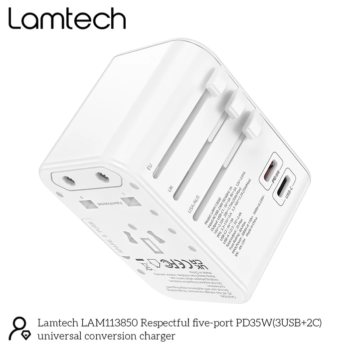 Αντάπτορας Πρίζας Lamtech Universal Travel with 3xUSB + 2xTYPE-C OUTPUTS 35W