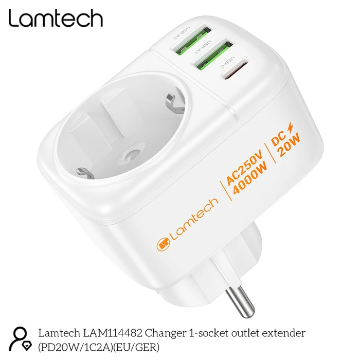Φορτιστής Πρίζας Lamtech Multifunctional Surge 1xschuko 2xusb 1xtype-C Pd20w
