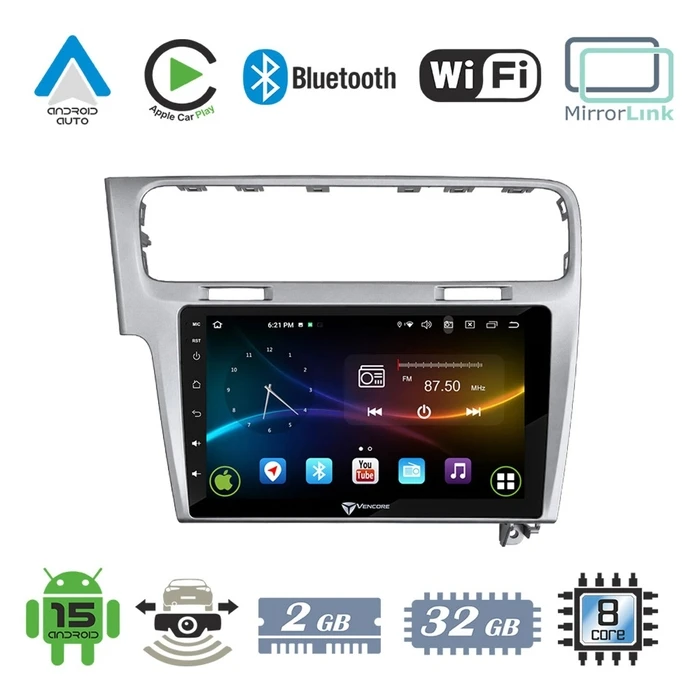 VenCore 3236-10008-0003S - Οθόνη Multimedia Android 15 10" 9109A MTK6762 Octa-Core 2GB/32GB IPS με Πρόσοψη, CarPlay, Android Auto και Υποστήριξη Κάμερας Οπισθοπορείας AHD για Volkswagen Golf 7 2013-2021 – Ασημί