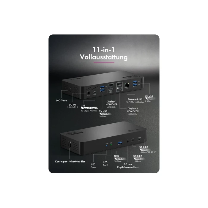 ICY BOX Heart Dock 2255 (IB-DK2255AC) - 11-in-1 USB-C Docking Station, Dual 4K@60Hz, 96W PD