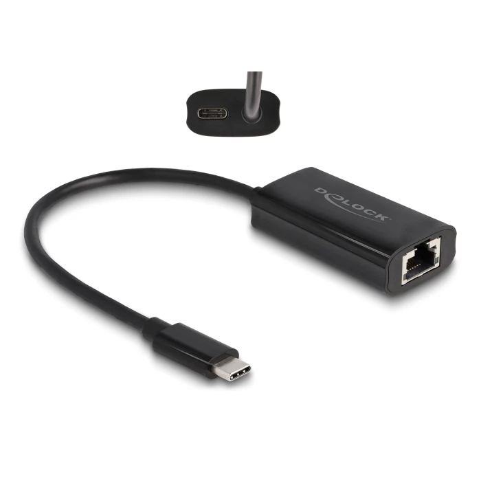 Αντάπτορας Δικτύου USB Delock USB-C σε RJ45 & USB-C 61026, 100W, 1000Mbps, μαύρος