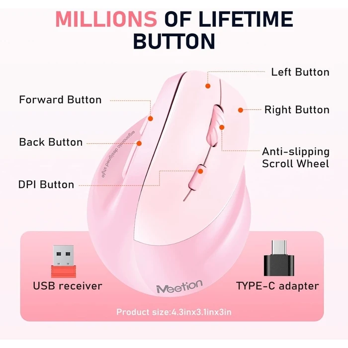 Ποντίκι Ασύρματο Meetion MT-BTM010L Αριστερό Εργονομικό Ροζ