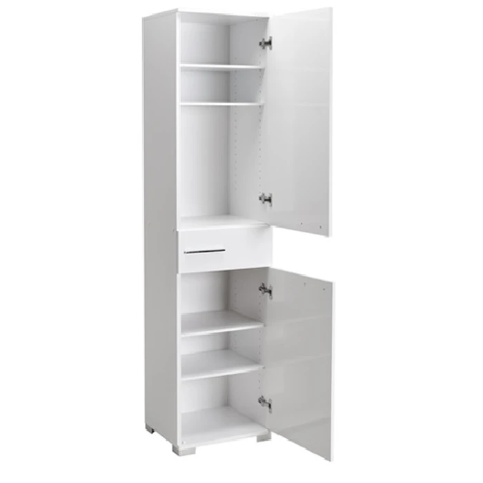 Bathroom tall cabinet with two doors and one drawer 45x38x187 cm White Glossy - Velco Luxury Line