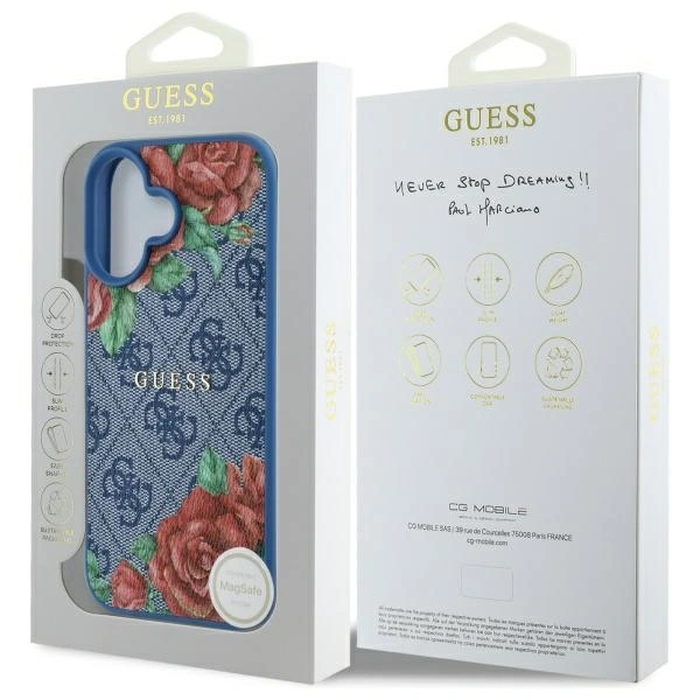 Guess GUHMP16SP4ROPEMCB Apple iPhone 16 hardcase 4G Flowers Print MagSafe blue