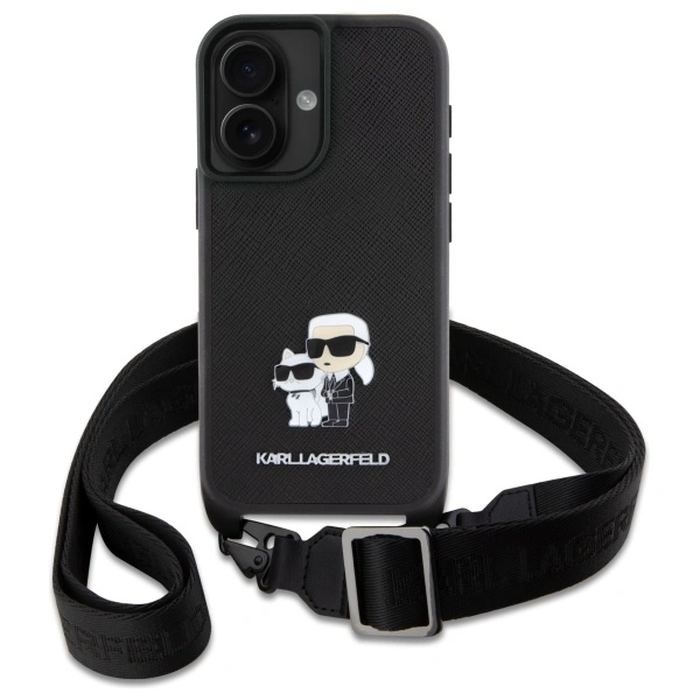Karl Lagerfeld KLHCP16SSAKCPBK Apple iPhone 16 hardcase Saffiano Karl&Choupette Metal Pin CBDY Strap black