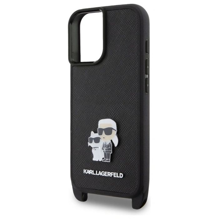 Karl Lagerfeld KLHCP16SSAKCPBK Apple iPhone 16 hardcase Saffiano Karl&Choupette Metal Pin CBDY Strap black