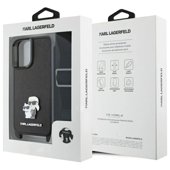 Karl Lagerfeld KLHCP16SSAKCPBK Apple iPhone 16 hardcase Saffiano Karl&Choupette Metal Pin CBDY Strap black