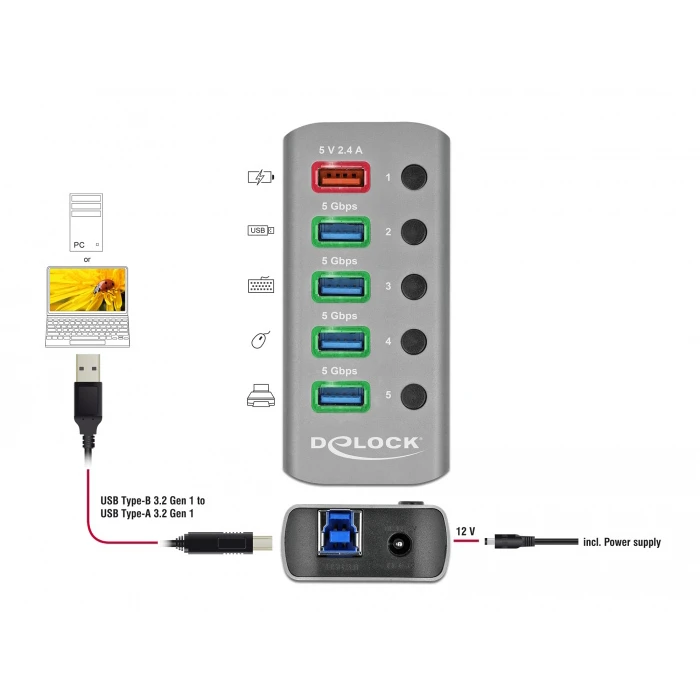 USB Hub DeLOCK 5x με διακόπτες 63262, 3.2, Gen 1, 5Gbps, 2.4A, γκρι
