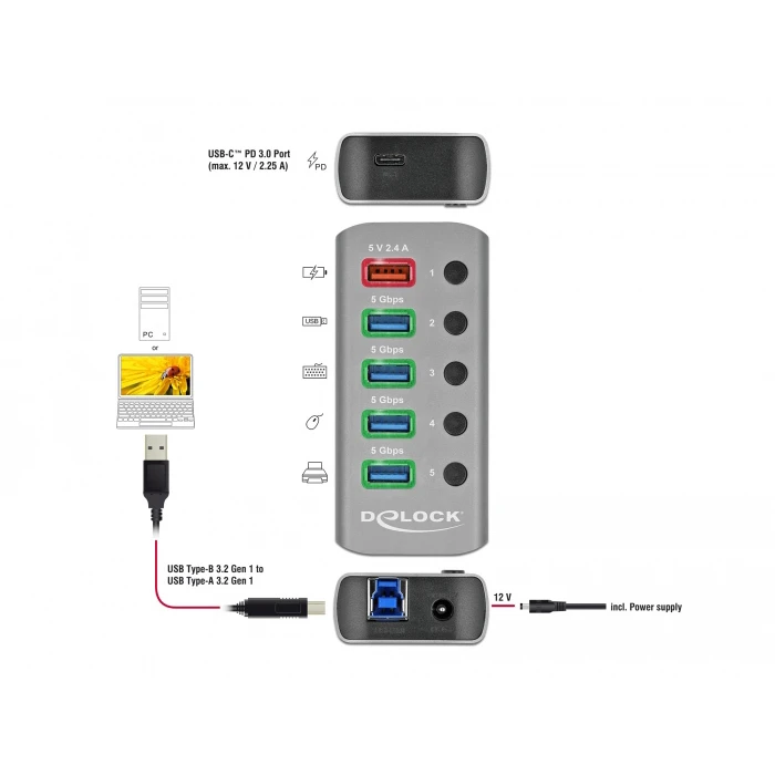 USB Hub DeLOCK 5x + 1x Type-C PD με διακόπτες 63263, 5Gbps, 2.4A, γκρι