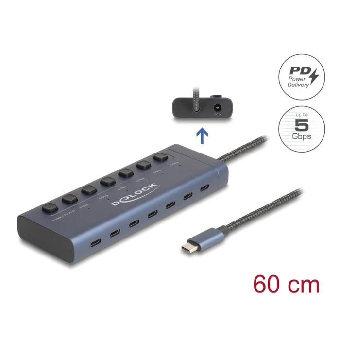 USB-C Hub Delock 63410 Με Διακόπτες, 7X Θυρών, 5Gbps, 20W, USB-C Σύνδεση, Μπλε