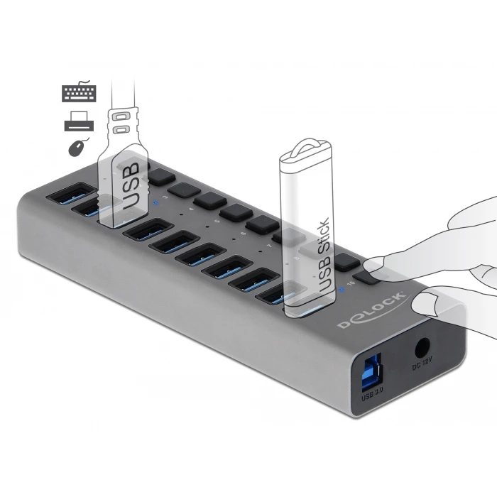 USB Hub Delock 10x με διακόπτες 63670, USB 3.0, 5Gbps, LED, γκρι