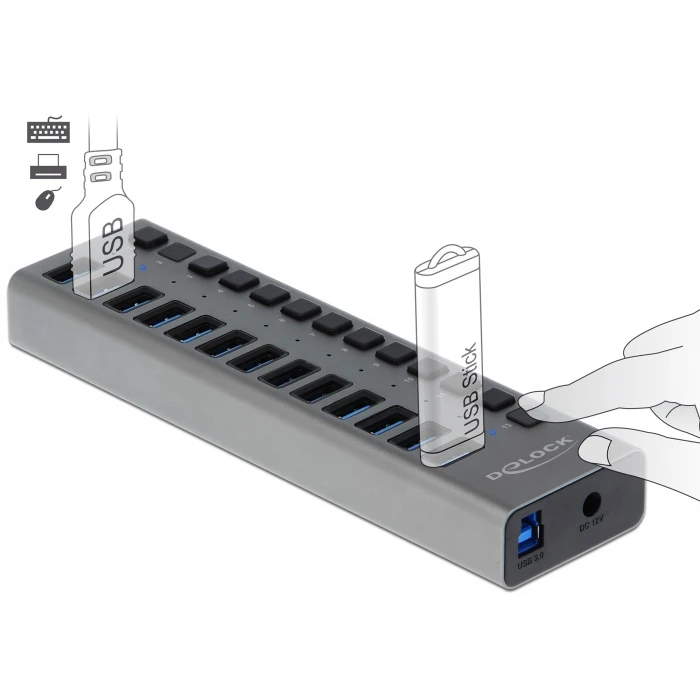 USB Hub Delock 13x με διακόπτες 63738, USB 3.0, 5Gbps, LED, γκρι