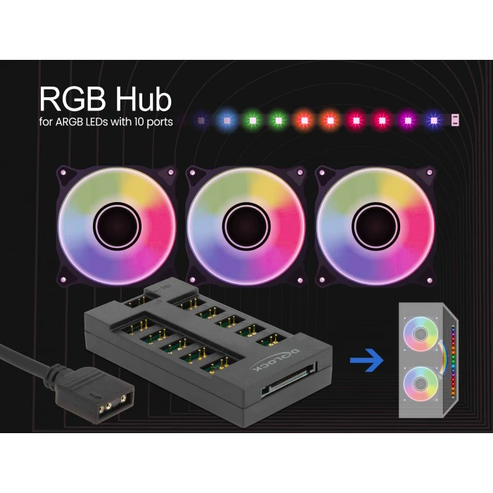 LED Hub Delock RGB 64128 για ARGB LEDs, 10 θύρες, μαύρο