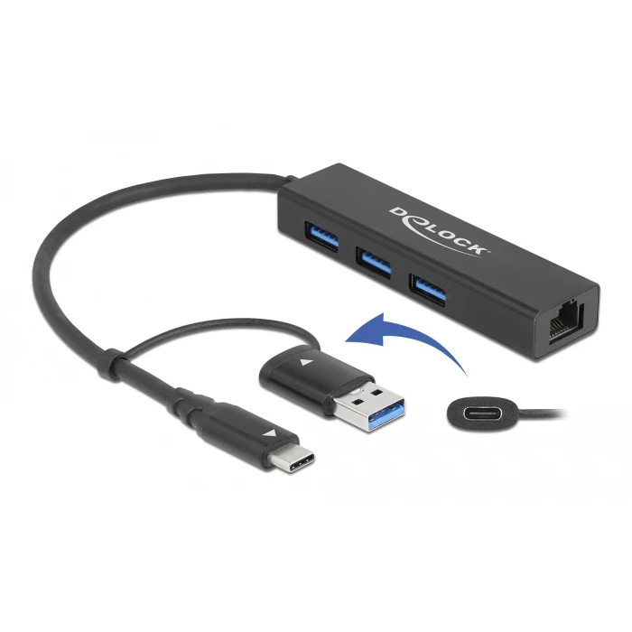 USB Hub Delock 64149 3x USB 3.2 Gen 1/LAN 1000Mbps, 5Gbps, μαύρο