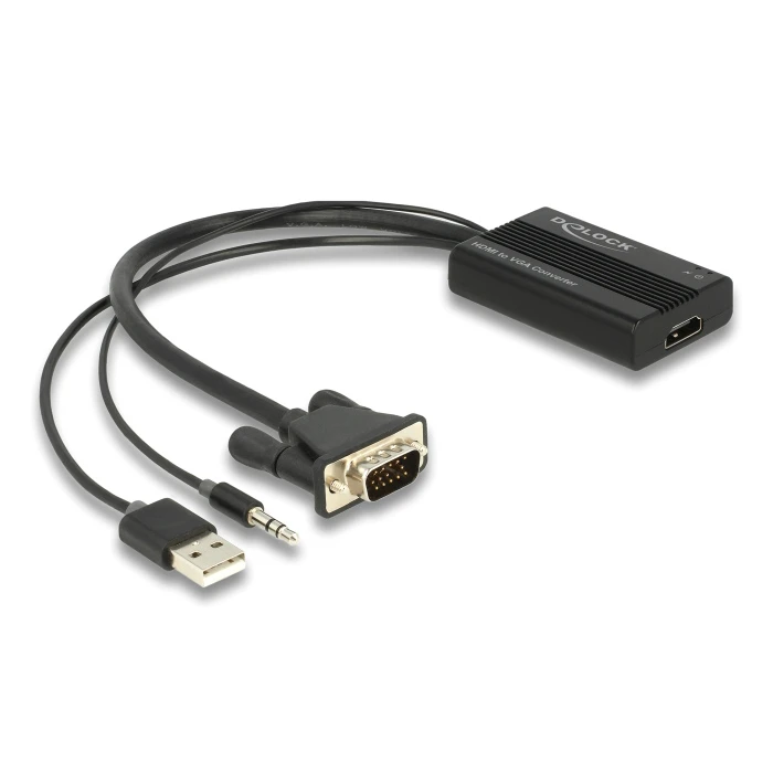 Αντάπτορας HDMI Delock σε VGA & 3.5mm/USB 64172, 1080p, 25cm, μαύρος