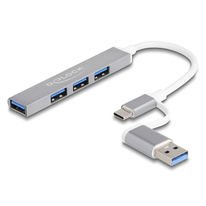 USB Hub Delock 64214, 4x USB θύρες, USB & Type-C σύνδεση, γκρι