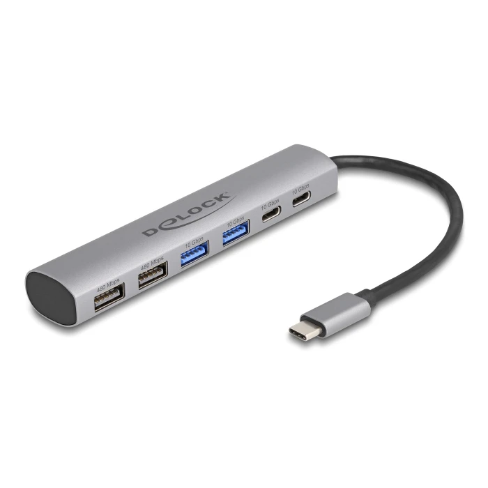 USB Hub Delock 64232, 6x θυρών, 10Gbps, USB-C σύνδεση, γκρι