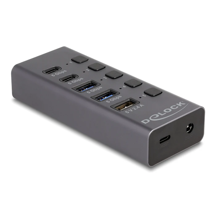 USB Hub Delock 64248 Με Διακόπτες, 5X Θυρών, 5Gbps, Usb/USB-C Σύνδεση, Γκρι