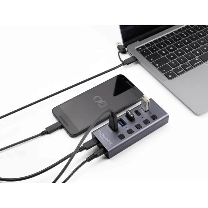 USB Hub Delock 64248 Με Διακόπτες, 5X Θυρών, 5Gbps, Usb/USB-C Σύνδεση, Γκρι