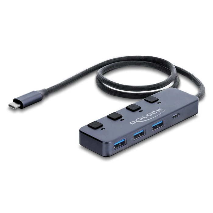 DELOCK USB-C Hub 64384 with switches, 4-port (3x USB-A + 1x USB-C), 10Gbps, USB-C connection, Grey