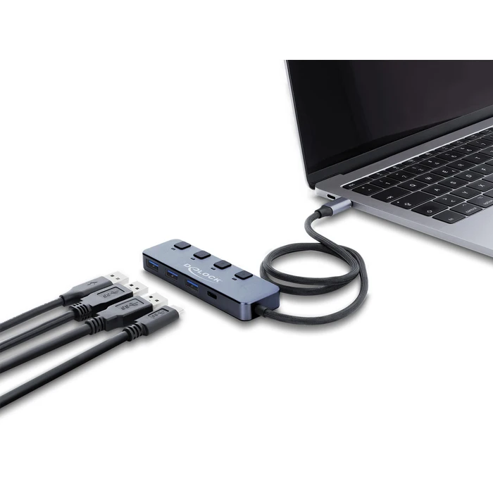 DELOCK USB-C Hub 64384 with switches, 4-port (3x USB-A + 1x USB-C), 10Gbps, USB-C connection, Grey