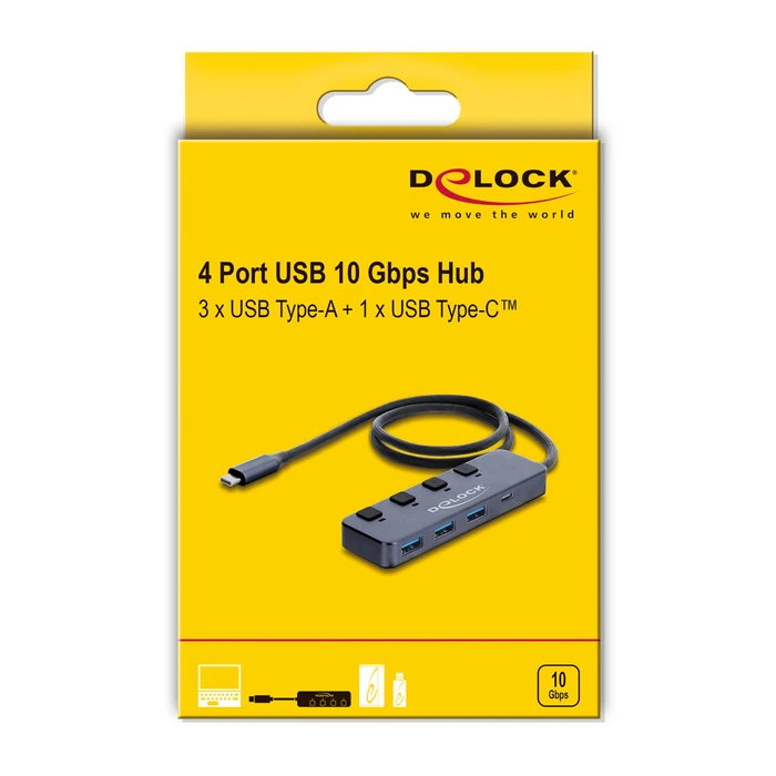 DELOCK USB-C Hub 64384 with switches, 4-port (3x USB-A + 1x USB-C), 10Gbps, USB-C connection, Grey