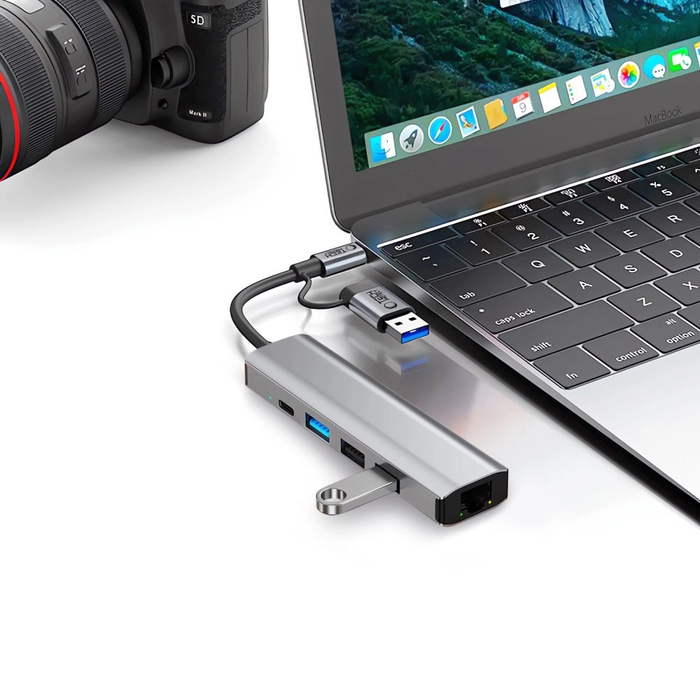 Tech-Protect HB03 HUB Adapter 5in1 USB-C + USB-A 2.0 + USB-A 3.0 + Ethernet RJ45 Space Grey