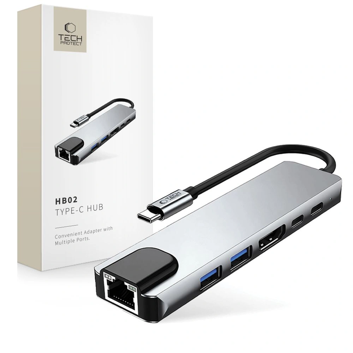 Tech-Protect HB02 HUB Adapter 6in1 USB-C + USB-A 2.0 + USB-A 3.0 + HDMI 4K30Hz + Ethernet RJ45 + PD 100W Space Grey