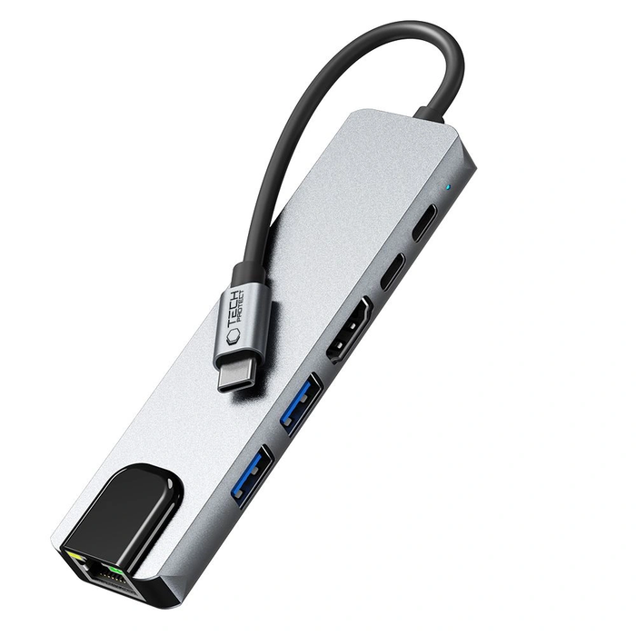 Tech-Protect HB02 HUB Adapter 6in1 USB-C + USB-A 2.0 + USB-A 3.0 + HDMI 4K30Hz + Ethernet RJ45 + PD 100W Space Grey